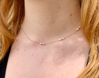 14k Gold Pearl Station Necklace: Dainty Freshwater Pearl Jewelry