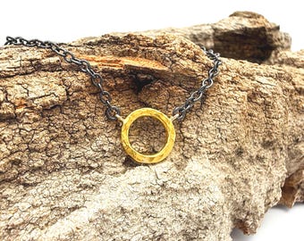 24k Gold Circle Pendant with Oxidized Silver Chain.
