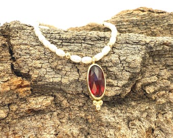 Rose Cut Garnet Pendant Necklace, Pearl Strand, 14k Solid Gold.