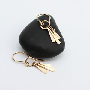 14k Solid Gold Dangle Earrings: Hammered Gold Bar Drops