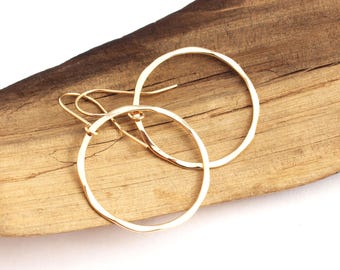 Large Gold Hoop Earrings, Hammered Texture, Lightweight Solid 14k