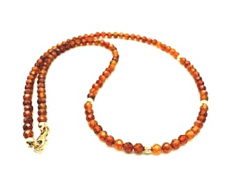Hessonite Garnet Necklace, 14k Gold Beaded, Dainty Orange Layering Gemstone Bead Necklace.