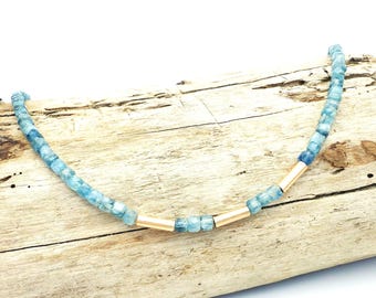 Blue Kyanite Beaded Necklace, 14k Gold, Dainty Layering