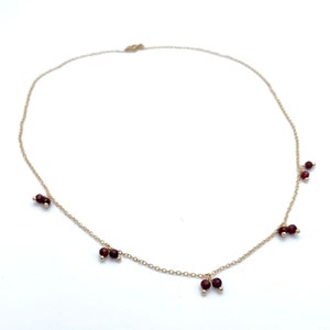 14k Gold Garnet Necklace. Solid Gold Garnet Beaded Necklace. 14k Gold Necklace with Garnet Gemstones.