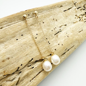 14k Solid Gold Pearl Drop Earrings: Freshwater Pearl Dangle