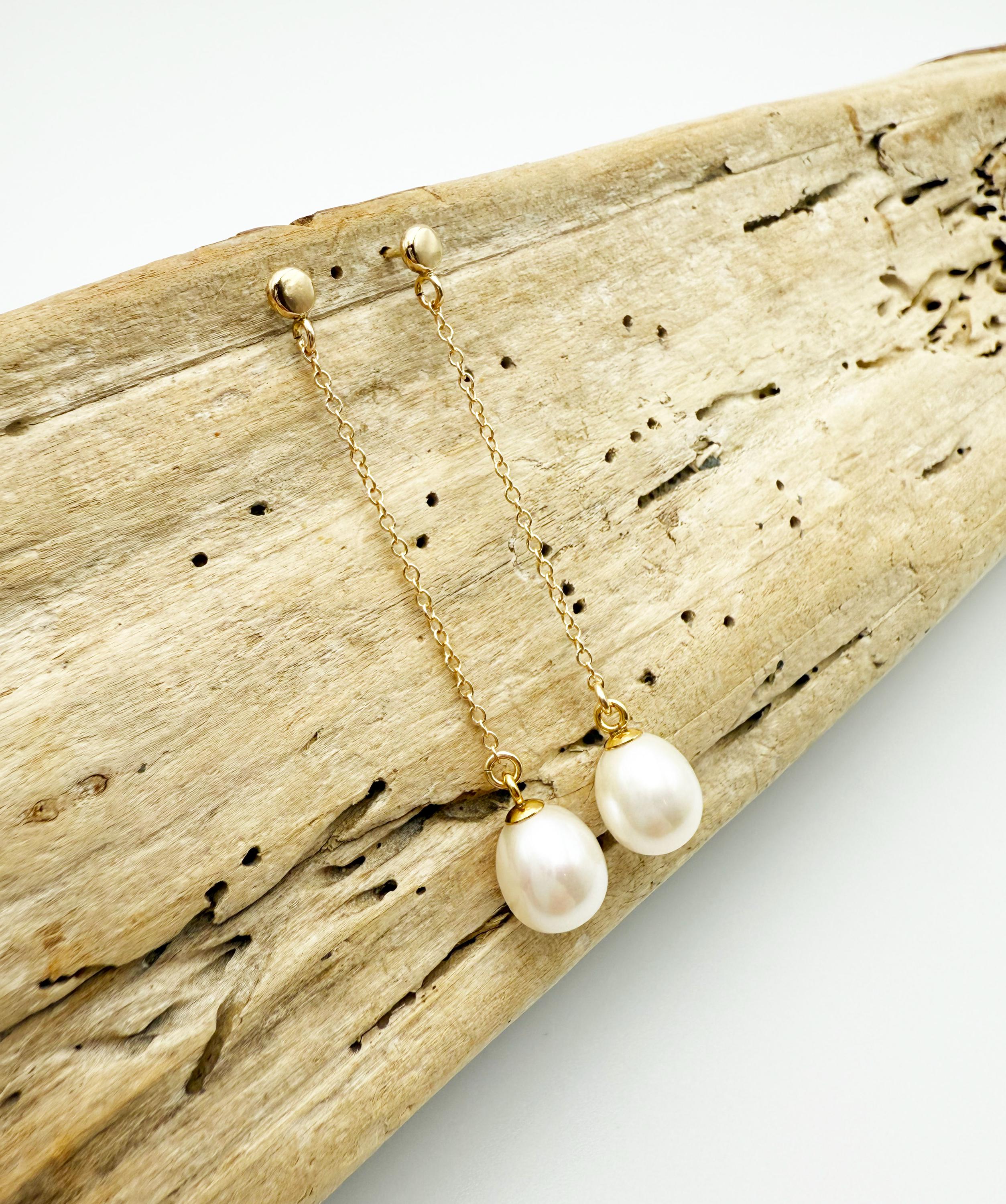 14k Solid Gold Pearl Drop Earrings: Freshwater Pearl Dangle