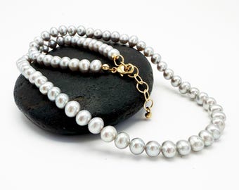 Gray Pearl Necklace, 14k Gold Clasp, Adjustable Length, Choker.