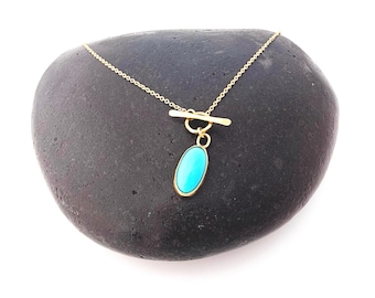 Sleeping Beauty Turquoise Necklace, 14k Gold, Front Toggle Clasp.