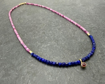 Ruby Beaded Necklace with Lapis Lazuli, 14k Solid Gold.