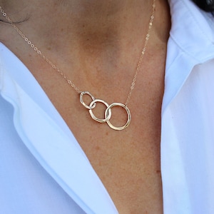 14k Gold Family Necklace. Gold Mom Necklace. Solid Gold Generations Necklace. 14k Gold Three Circle Necklace