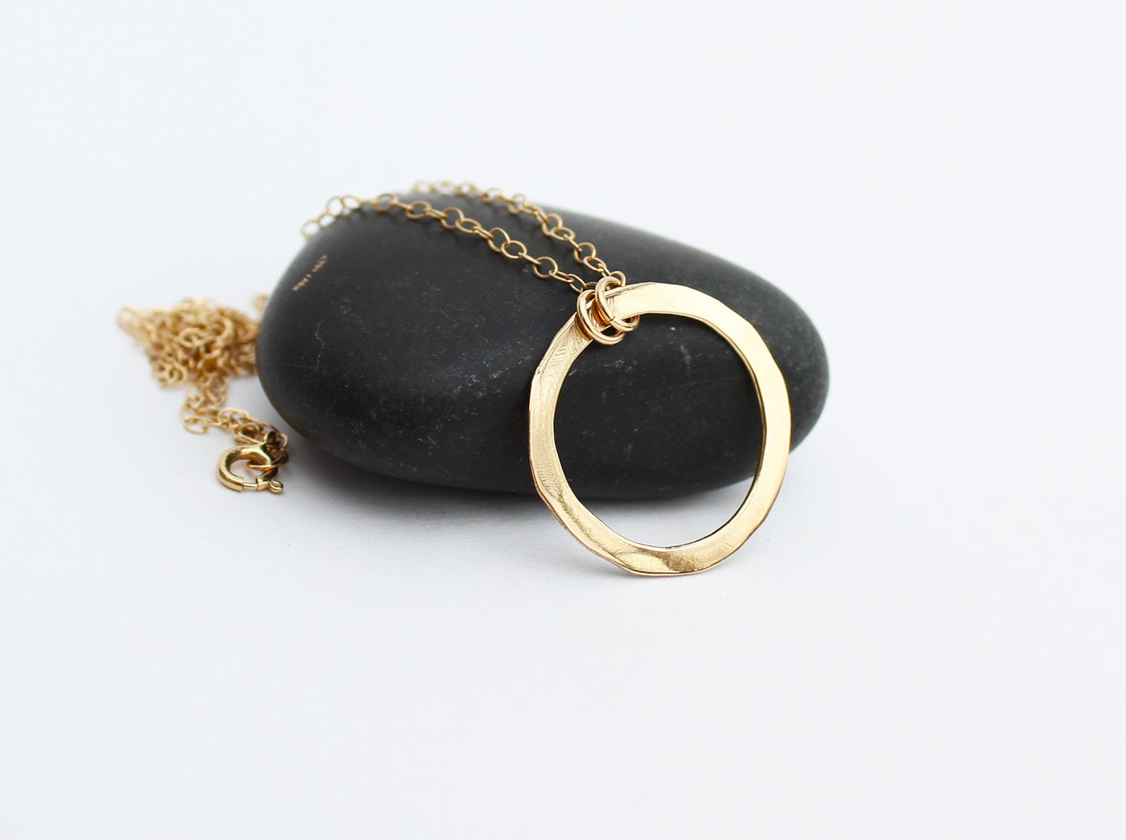 Handmade 14k Solid Gold Circle Necklace: Hammered Open Hoop Pendant