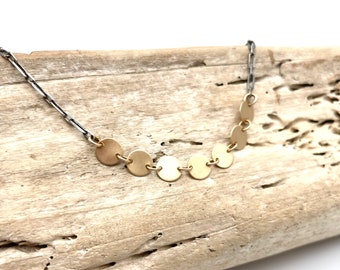 Silver and Gold Necklace. Gold Disc Necklace With Oxidized Silver Chain. Mixed Metal Layering Necklace.