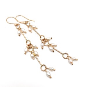 14k Solid Gold Pearl Earrings. Pearl Dangle Earrings. Long Pearl Earrings 14k