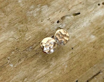 14k Solid Gold Hammered Stud Earrings, 6mm Disc, Recycled Gold