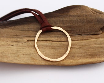 Hammered Gold Circle Necklace. 14k Solid Gold Leather Necklace. Rustic Gold Circle Necklace.