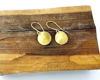 18k Solid Gold Disc Earrings, Hammered Wavy Dangle, Textured Drop.
