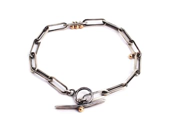 Oxidized Sterling Silver Paperclip Bracelet: 14k Gold Ball Details