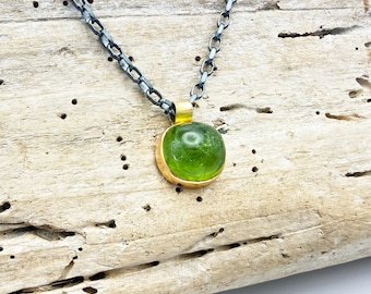 Peridot Pendant Necklace, Solid Gold with Oxidized Silver Chain, One of a Kind