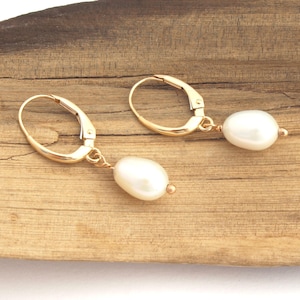 14k Gold Pearl Drop Earrings, Leverback, Bridal Freshwater Dangle