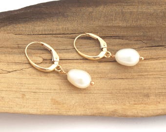 14k Gold Pearl Drop Earrings, Leverback, Bridal Freshwater Dangle
