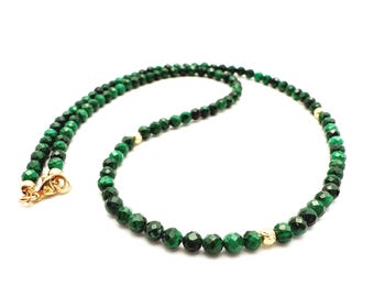 Malachite Beaded Necklace, 14k Gold Accents, Dainty Layering