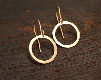14k Solid Gold Hoop Earrings: Hammered Dangle Hoops