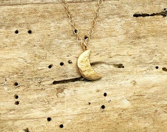 Hammered 14k Gold Moon Necklace: Solid Gold Crescent Pendant