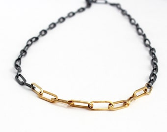 Sterling Silver and 14k Solid Gold Chain. Mixed Metal Paperclip Chain. Oxidized Silver and Gold Necklace.