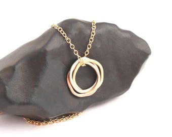 Interlocking Circle Necklace, 14k Tri Color Gold, Rose White Yellow
