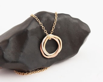14k Solid Gold Interlocking Circle Necklace: Rose, White & Yellow Gold Pendant