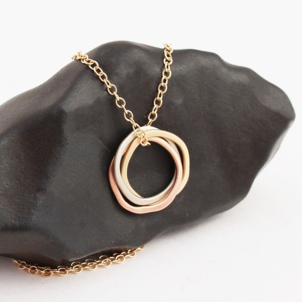 Tri Color Gold Pendant Necklace. Infinity Necklace in 14k Rose, White and Yellow Gold. Solid Gold Three Circle Necklace