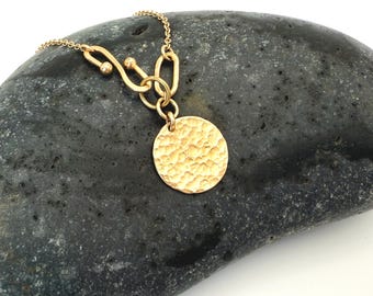 Hammered Gold Disc Necklace, Front Clasp, Solid 14k Gold Pendant