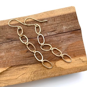 Handmade 14k Solid Gold Dangle Earrings: Long Gold Link Chain