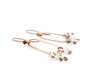 14k Rose Gold Herkimer Diamond Earrings, Oval Dangle, April Gem.