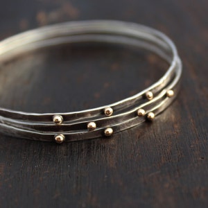 Silver and Gold Bangle Bracelet. Hammered Oxidized Silver Bangle with 14k Gold.