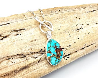 Large Turquoise Pendant Necklace, Handmade in Sterling Silver and 14k Gold