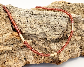 Garnet Beaded Necklace, 14k Gold, Dainty Layering Gift for Her.