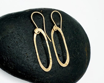 14k Solid Gold Dangle Earrings: Hammered Oval Hoops
