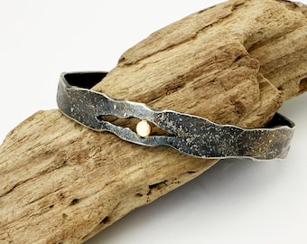 Silver and Gold Cuff Bracelet.  Rustic Silver Cuff Bracelet with 18k Gold. Mixed Metal Cuff Bracelet.