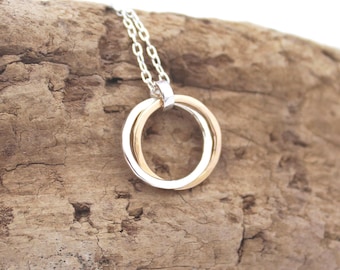 Two Tone Circle Necklace, Silver and 14k Gold, Interlocking Rings.