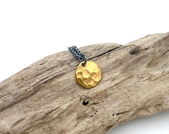 24k Gold Disc Necklace: Hammered with Oxidized Silver Chain