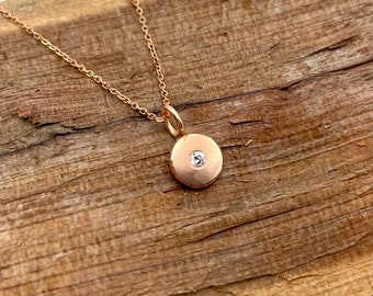 14k Rose Gold Diamond Disc Necklace, Dainty Minimalist Everyday Design.