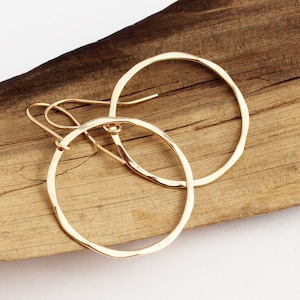 Large 14k Solid Gold Hoop Earrings: Hammered Texture, Lightweight