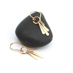 Hammered Bar Earrings 14k Gold, Multi Bar Dangle, Solid Gold Drop.