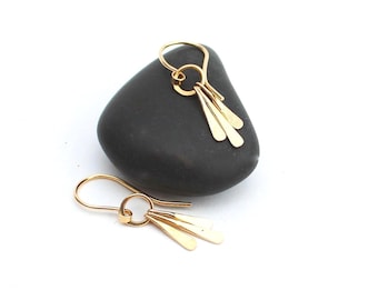 Hammered Bar Earrings 14k Gold, Multi Bar Dangle, Solid Gold Drop.