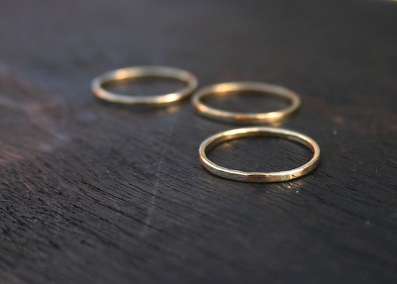 14k Solid Gold Thin Band Ring, Hammered or Smooth, Yellow Rose White.