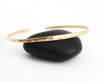 14k Solid Gold Hammered Cuff Bracelet: Thin Minimalist Cuff