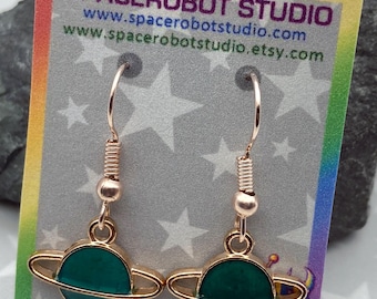 Saturn Earrings | Light Gold & Teal | Small Dangle Earrings