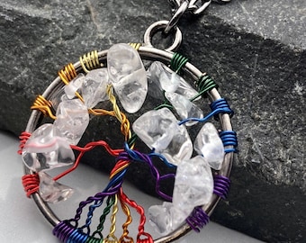 Tree of Life Necklace | Rainbow Wire & Clear Quartz Crystal | Small Wire-Wrapped Pendant | Gunmetal Chain