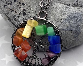 Tree of Life Necklace | Gunmetal & Rainbow Cat's Eye Glass | Small Wire-Wrapped Pendant | Gunmetal Chain